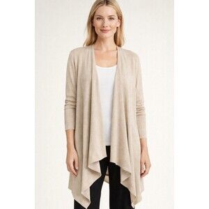 Eileen Fisher Cardigan Sweater Womens Large Tan 100% Merino Wool Open Front